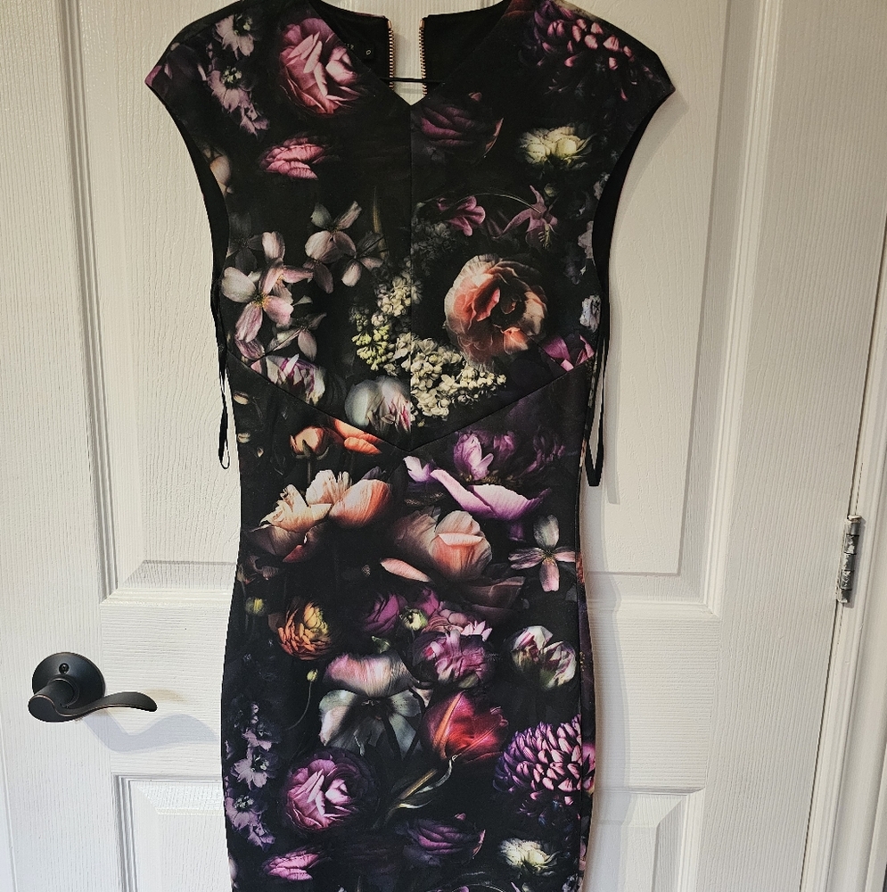 Ted Baker Black Floral Midi Dress Size 0
